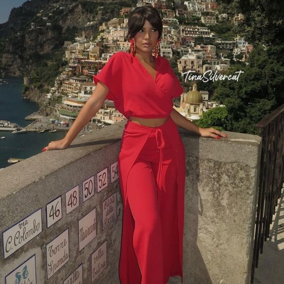 BLOGGER'S FAVE! Zara 2 Piece Red Pants And Wrap Top Set NWT - Picture 2 of 16
